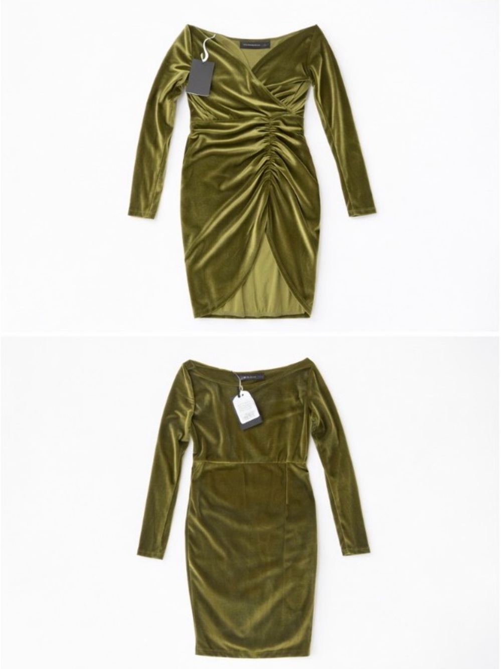 Olive Green Velvet Ruched Wrap Dress - Unbranded